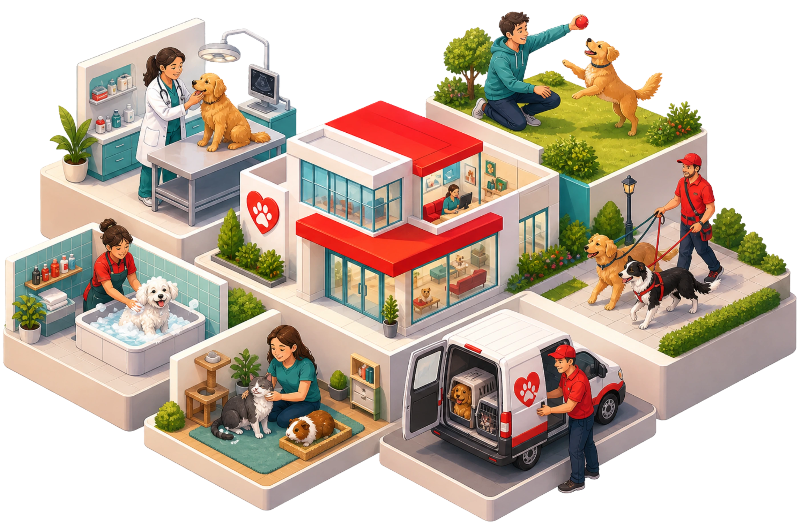 Ilustración isométrica de Vetguard acompañando mascotas y profesionales en distintos ecosistemas